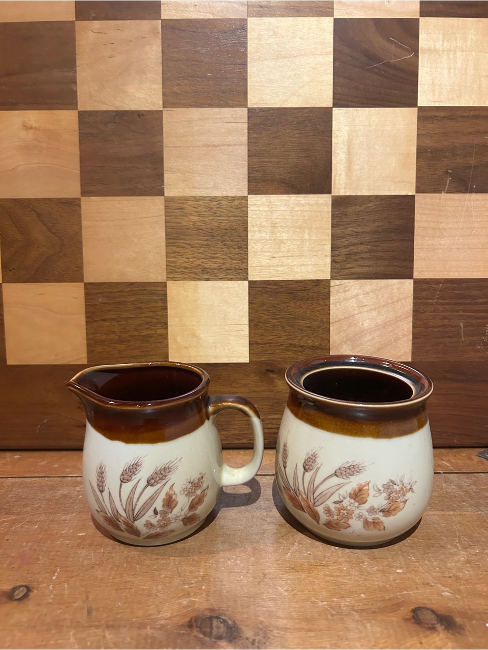 Cream and Brown Floral Ceramic Creamer and Sugar Set